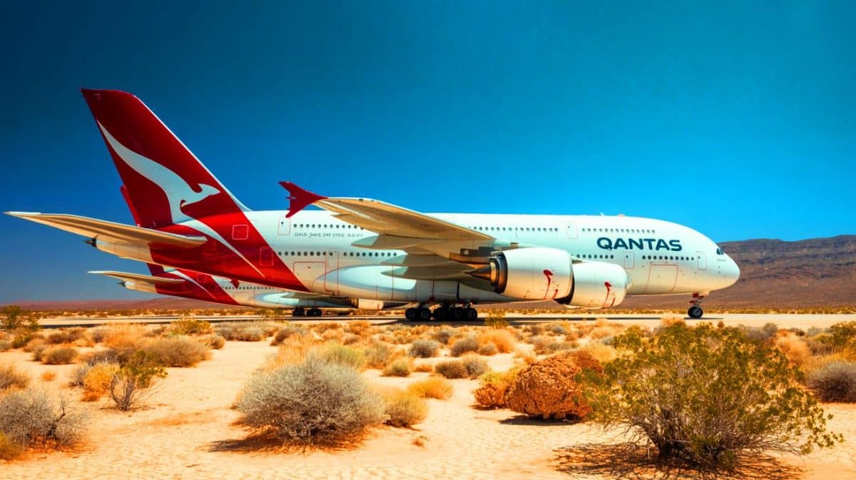 « Pourquoi des Airbus A380 de Qantas dorment dans le désert ? » : Google Earth révèle l’étrange cimetière des plus grands avions du monde Illustration de l'Airbus A380 de Qantas stocké dans le désert de Mojave pour préservation à long terme.
