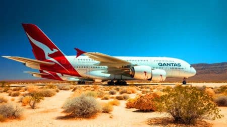 « Pourquoi des Airbus A380 de Qantas dorment dans le désert ? » : Google Earth révèle l’étrange cimetière des plus grands avions du monde Illustration de l'Airbus A380 de Qantas stocké dans le désert de Mojave pour préservation à long terme.