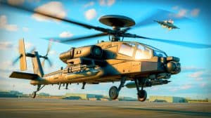 Illustration de l'hélicoptère AH-64E Apache démontrant son efficacité contre les drones modernes.