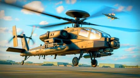 Illustration de l'hélicoptère AH-64E Apache démontrant son efficacité contre les drones modernes.