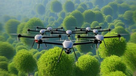 « Quand les drones agissent en équipe » : T-STAR et l’essor de l’intelligence collective des robots Illustration de drones en essaim utilisant la technologie T-STAR pour optimiser vitesse et sécurité.