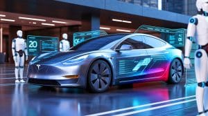 Illustration de la vision futuriste de Tesla intégrant intelligence artificielle et robotique.