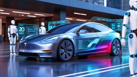 « Fin annoncée pour l’électrique ? » : le Master Plan Part 4 de Tesla sème le doute sur l’avenir des voitures à batterie Illustration de la vision futuriste de Tesla intégrant intelligence artificielle et robotique.