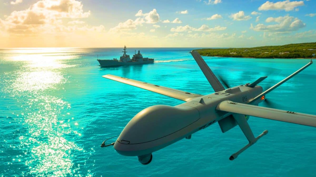 « Dans le ciel des Antilles, le Cavok traque les trafiquants » : le nouveau drone secret de la Marine nationale dévoilé Illustration de l'utilisation du drone Cavok par la Marine nationale pour la surveillance maritime aux Antilles.