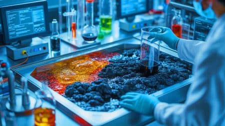 Illustration de la transformation du bio-goudron en bio-carbone pour des applications énergétiques et environnementales.