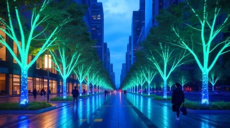 Illustration de plantes bioluminescentes illuminant un espace urbain.