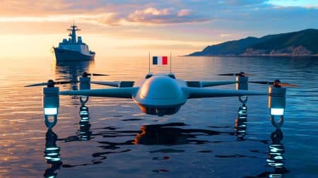 « Des drones de surface patrouillent pour la France » : une prouesse navale qui redéfinit la sécurité maritime grâce à l’IA Illustration de drones autonomes de la Marine nationale française en opération maritime.