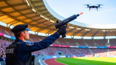 Illustration de l'utilisation du Nerod pour neutraliser les drones lors des grands événements sportifs en France.