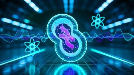 Illustration de la transformation de protéines fluorescentes en qubits biologiques pour la détection cellulaire.