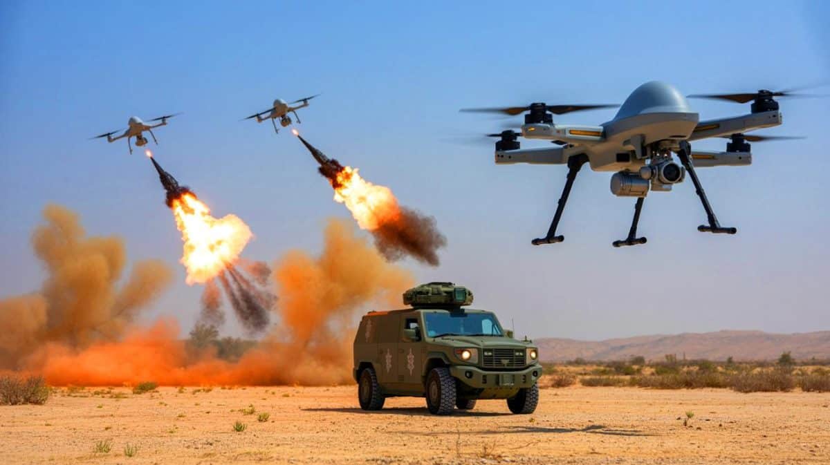 Illustration de l'arme à micro-ondes ExDECS des Marines américains neutralisant des essaims de drones.