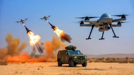 Illustration de l'arme à micro-ondes ExDECS des Marines américains neutralisant des essaims de drones.