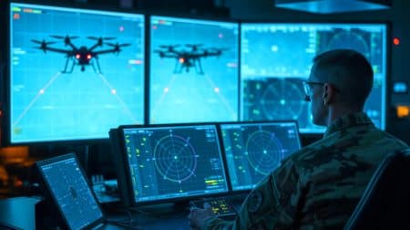 « Jour et nuit, une IA traque les drones hostiles » : le système US repère les menaces à des distances inédites Illustration de la détection avancée de drones hostiles grâce à un système IA développé par L3Harris et Shield AI.