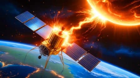 Illustration de l'augmentation de l'activité solaire et ses implications sur la technologie terrestre.