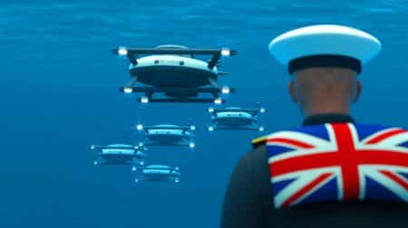 Illustration de drones sous-marins déployés depuis le sous-marin HMS Astute de la Royal Navy.