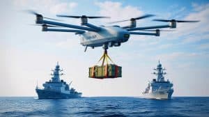 Illustration de la livraison par drone entre navires de la Royal Navy en mission Indo-Pacifique.