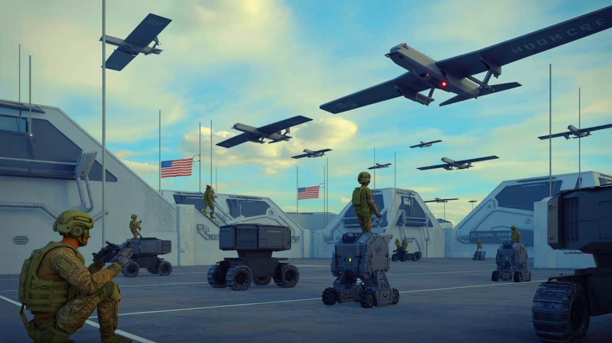« L’armée américaine de 2030 » : robots, IA et avions autonomes, les États-Unis préparent une révolution militaire Illustration de la transformation technologique de l'armée américaine avec des unités de combat ultraconnectées.