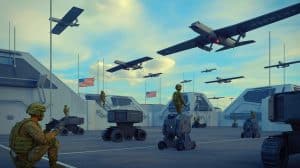 Illustration de la transformation technologique de l'armée américaine avec des unités de combat ultraconnectées.