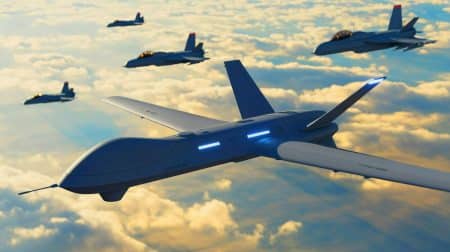 Illustration de l'essai en vol du drone de combat YFQ-42 en Californie.