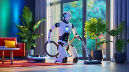 Neo, le robot ménager qui promet de transformer votre quotidien en vous soulageant des tâches domestiques répétitives Illustration de Neo, le robot humanoïde de la startup 1X Technologies, conçu pour automatiser les tâches ménagères.
