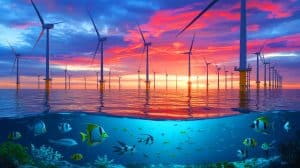 Illustration de l'impact des éoliennes offshore sur la biodiversité marine et l'économie française.