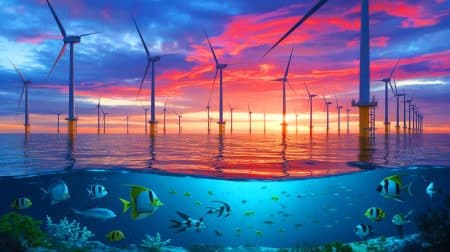 Illustration de l'impact des éoliennes offshore sur la biodiversité marine et l'économie française.