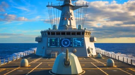« La Royal Navy adopte le système TACTICOS de Thales » : une intégration stratégique qui renforce la présence française dans la défense navale britannique Illustration de l'intégration du système TACTICOS de Thales à bord des navires de la Royal Navy.