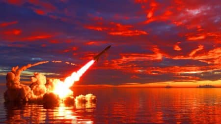 Illustration de l'essai de missile balistique chinois dans le Pacifique, suscitant des inquiétudes géopolitiques.