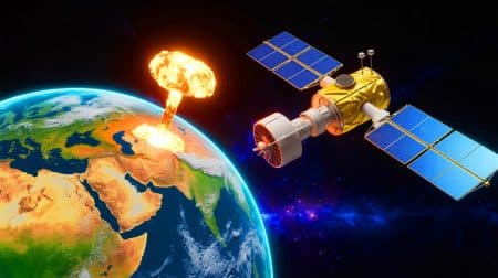 Illustration de capteurs spatiaux américains surveillant les détonations nucléaires à travers le monde.