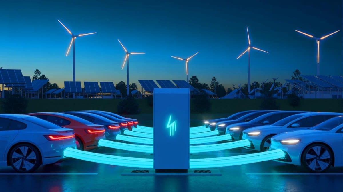 Illustration de véhicules électriques transformés en ressources énergétiques pour stabiliser le réseau électrique.
