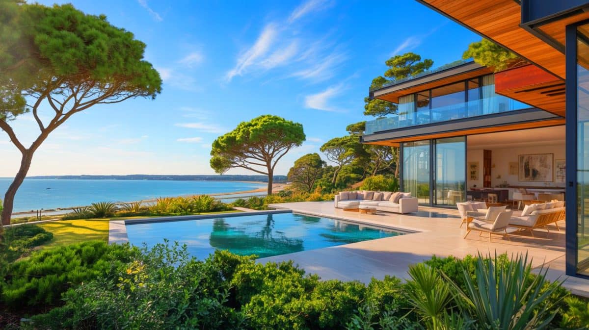 Illustration de la villa moderne d'Antoine Dupont surplombant le bassin d'Arcachon en Gironde.