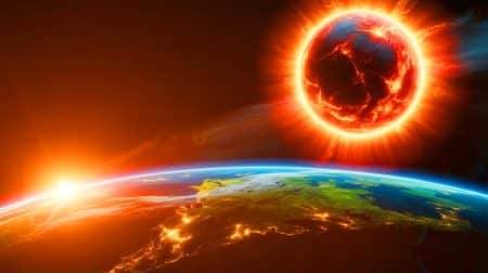 Illustration de l'approche d'un astéroïde potentiellement dangereux vers la Terre.