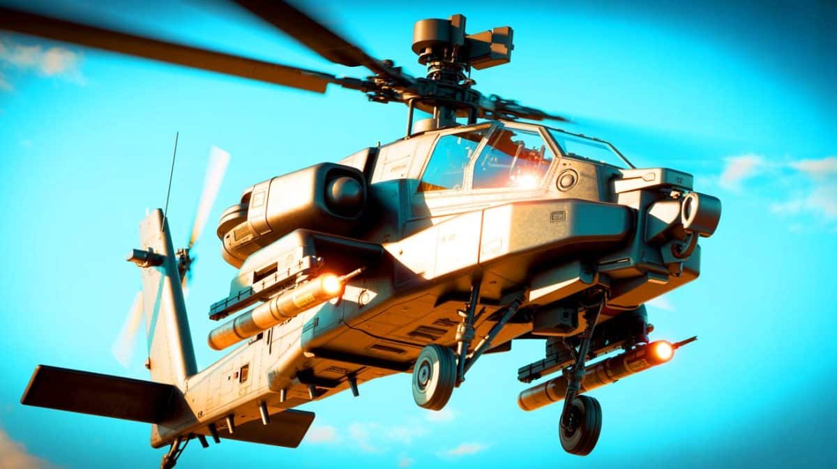 Illustration de l'hélicoptère d'attaque Apache Guardian en plein vol.