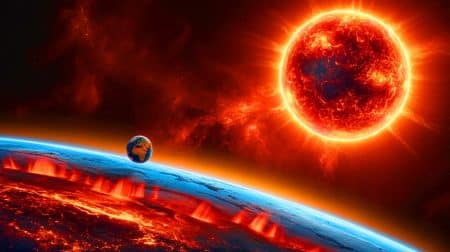 Illustration de la transformation future du Soleil en géante rouge et ses effets sur la Terre.
