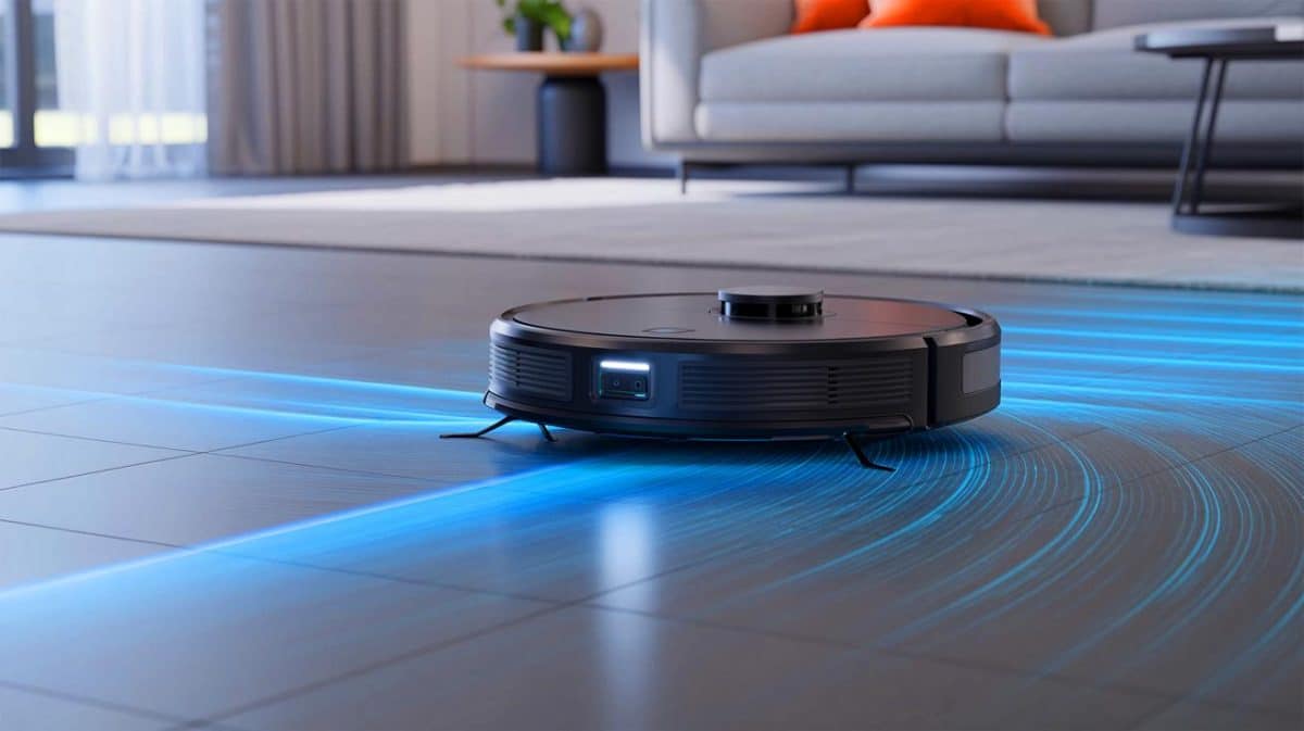Illustration de l'aspirateur-robot DEEBOT T50 Pro Omni Gen2 d'ECOVACS en action.