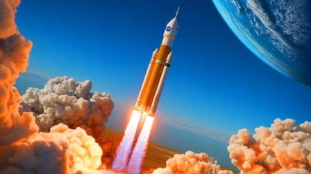 Illustration de la mission ESCAPADE de la NASA à bord de la fusée New Glenn de Blue Origin sur le pas de tir.