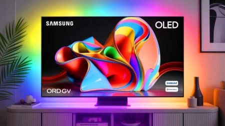 Illustration de la télévision Samsung TQ55S92FA avec ses fonctionnalités avancées et son design moderne.