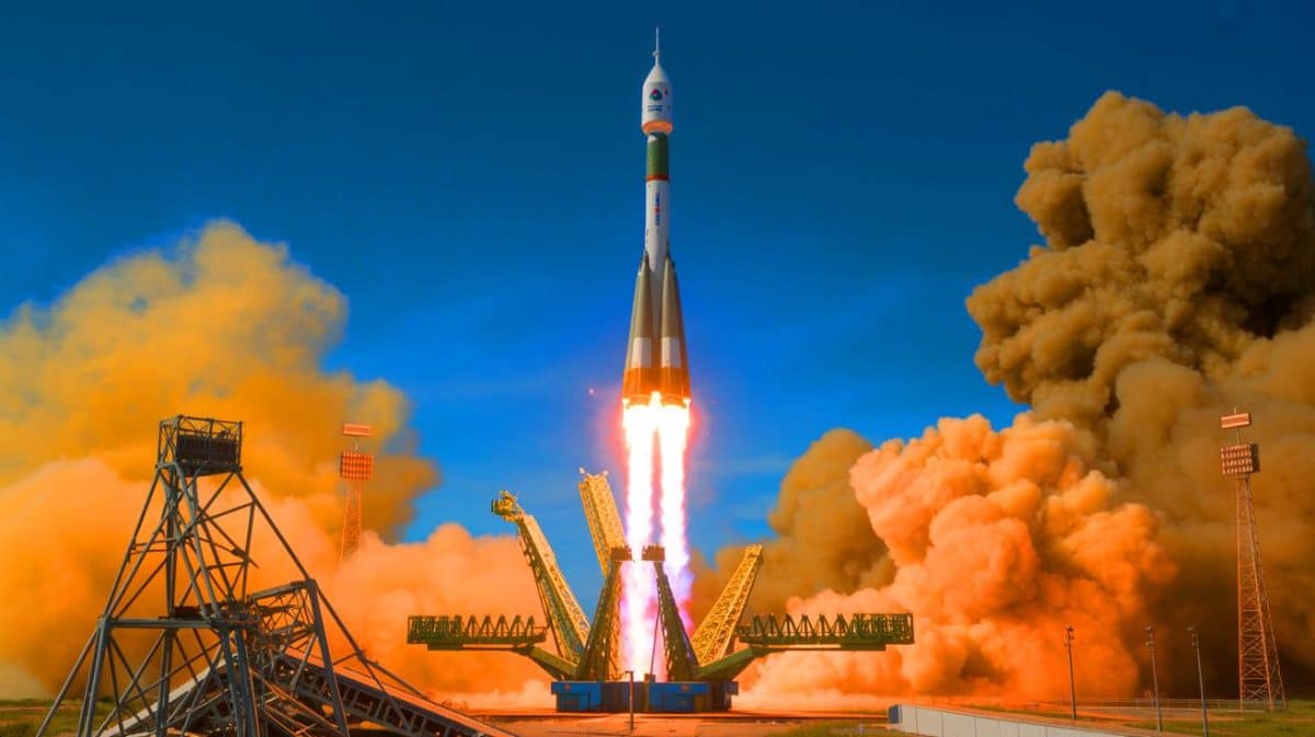 Soyuz : une plateforme de 20 tonnes oubliée avant le lancement, révélant des failles dans les procédures Illustration de la plateforme de service endommagée sur le site de lancement de Baïkonour après le décollage d'une fusée Soyouz.