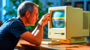 Illustration de Steve Jobs ajustant les paramètres visuels du calculateur Mac en 1984.