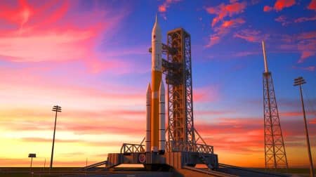 ULA : un seul lancement de la fusée Vulcan cette année, loin des ambitions initiales de 10 missions Illustration de la fusée Vulcan sur son pas de tir à la Cape Canaveral Space Force Station.