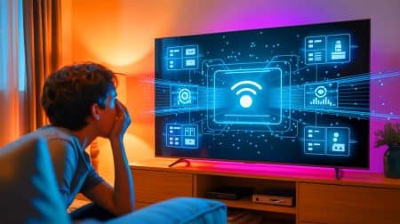 Illustration de la surveillance par les téléviseurs intelligents et des enjeux de vie privée associés.