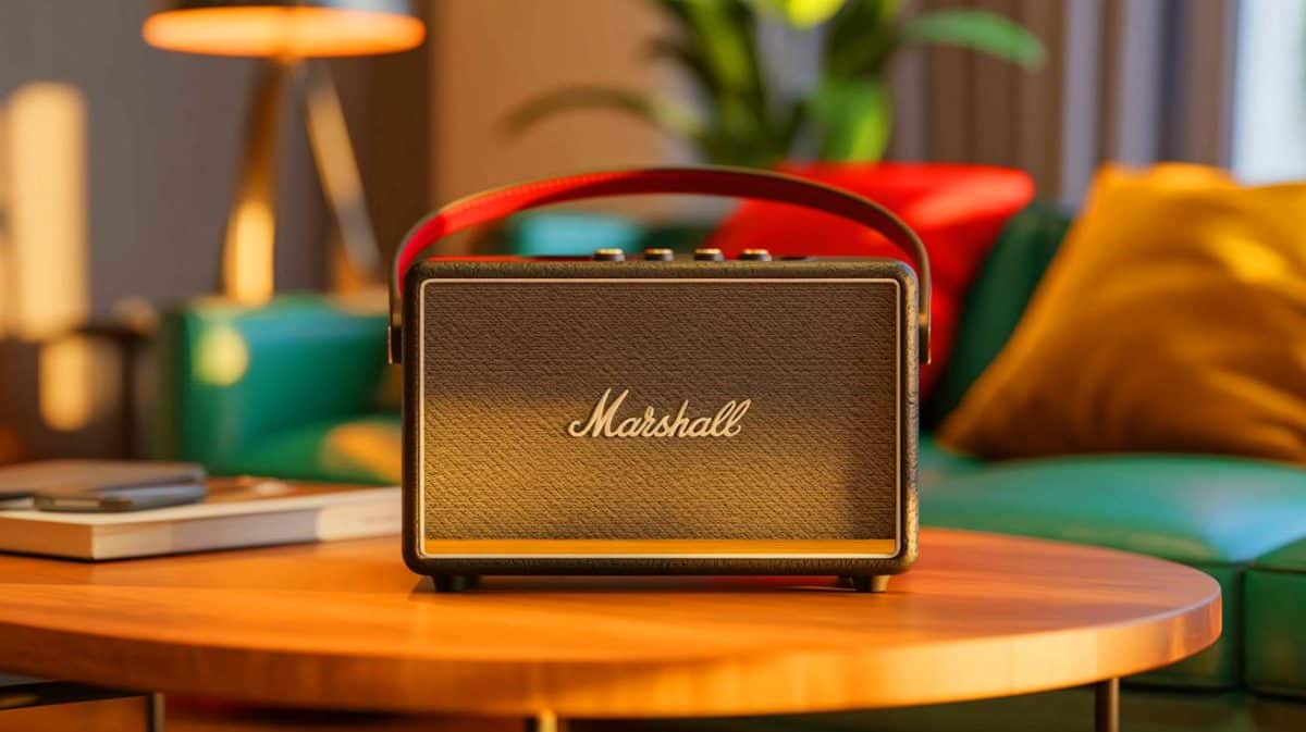 Illustration de l'enceinte Marshall Kilburn II offrant un design emblématique et une qualité sonore exceptionnelle.