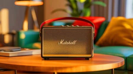 Illustration de l'enceinte Marshall Kilburn II offrant un design emblématique et une qualité sonore exceptionnelle.