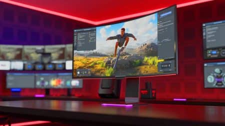 Illustration de l'écran Samsung Odyssey OLED G9 en promotion chez Boulanger.