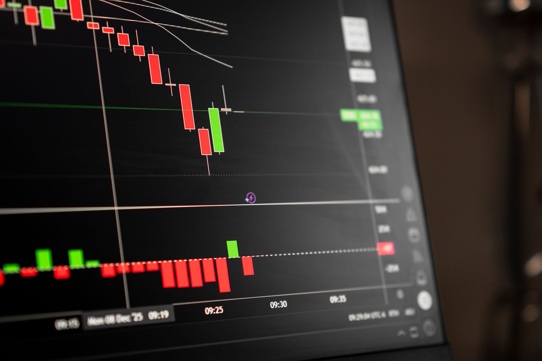 Écran de trading montrant un graphique en chandeliers rouges et verts avec un histogramme de volumes en dessous, sur fond sombre.